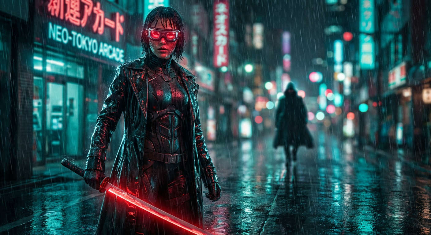 Фотореалистичный Cyber-Noir: Женщина-ассасин под дождем - Image 1