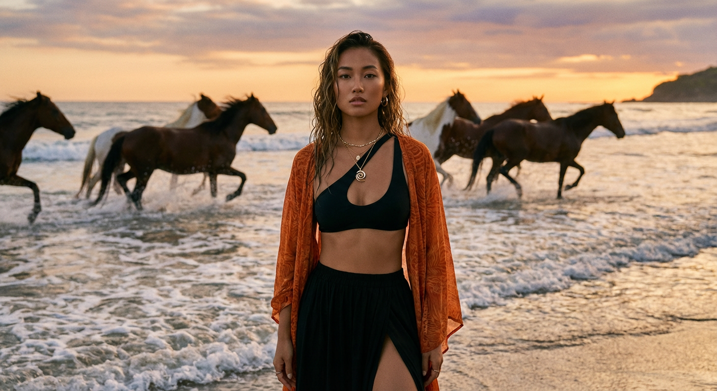 Эстетика заката: Девушка и дикие кони на побережье - Image 1